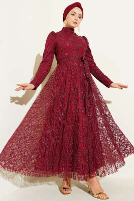 Kuşaklı Simli Pullu Abiye Elbise Bordo - Elbise