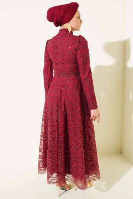 Kuşaklı Simli Pullu Abiye Elbise Bordo - Elbise