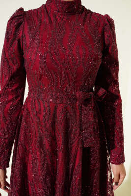 Kuşaklı Simli Pullu Abiye Elbise Bordo - Elbise