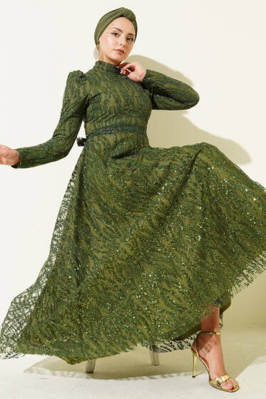 Kuşaklı Simli Pullu Abiye Elbise Haki - Elbise