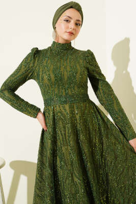 Kuşaklı Simli Pullu Abiye Elbise Haki - Elbise