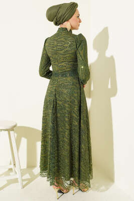 Kuşaklı Simli Pullu Abiye Elbise Haki - Elbise