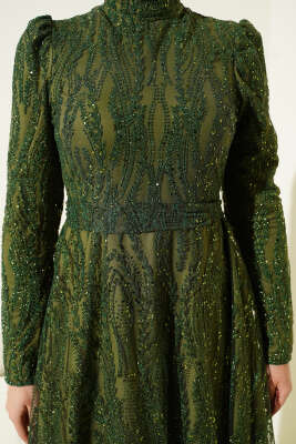 Kuşaklı Simli Pullu Abiye Elbise Haki - Elbise