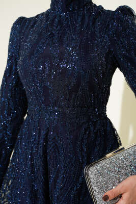 Kuşaklı Simli Pullu Abiye Elbise Lacivert - Elbise