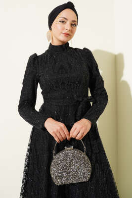 Kuşaklı Simli Pullu Abiye Elbise Siyah - Elbise