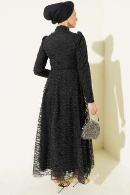 Kuşaklı Simli Pullu Abiye Elbise Siyah - Elbise