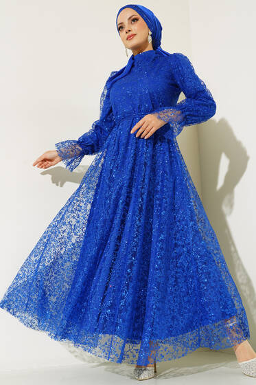 Kuşaklı Simli Tül Abiye Elbise Saks - Tesettür Elbise