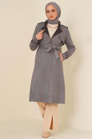 Kuşaklı Süet Trençkot Gri - Trençkot