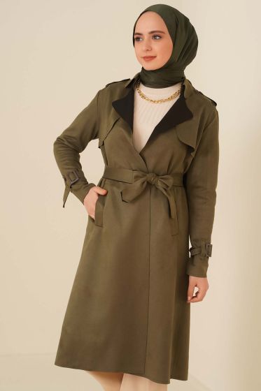 Kuşaklı Süet Trençkot Haki - Trençkot