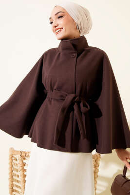 Kuşaklı Tek Düğmeli Panço Acı Kahve 
