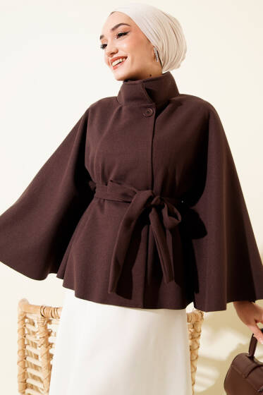 Kuşaklı Tek Düğmeli Panço Acı Kahve - Panço