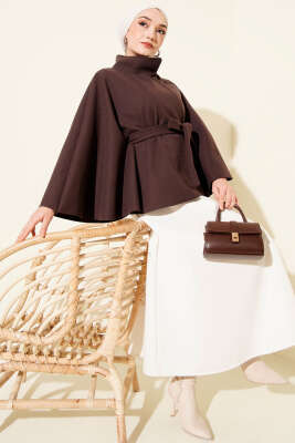 Kuşaklı Tek Düğmeli Panço Acı Kahve - Panço