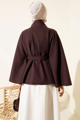Kuşaklı Tek Düğmeli Panço Acı Kahve - Panço