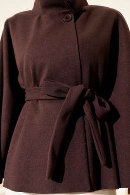 Kuşaklı Tek Düğmeli Panço Acı Kahve - Panço