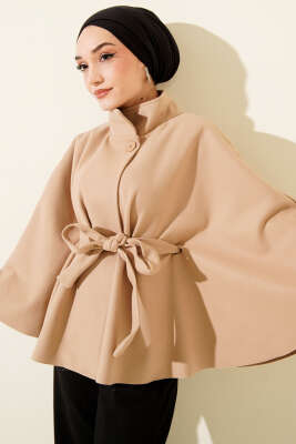 Kuşaklı Tek Düğmeli Panço Bej 