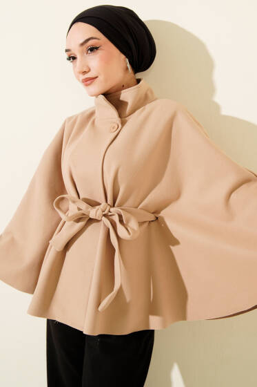 Kuşaklı Tek Düğmeli Panço Bej - Panço