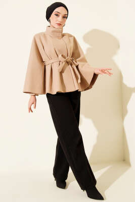 Kuşaklı Tek Düğmeli Panço Bej - Panço