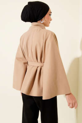 Kuşaklı Tek Düğmeli Panço Bej - Panço