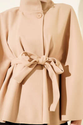 Kuşaklı Tek Düğmeli Panço Bej - Panço