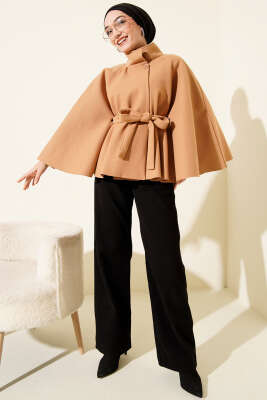 Kuşaklı Tek Düğmeli Panço Camel - Panço