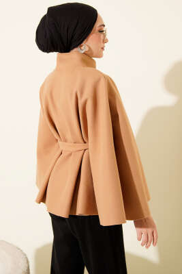 Kuşaklı Tek Düğmeli Panço Camel - Panço