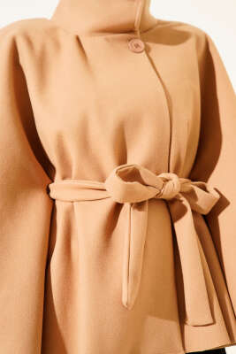 Kuşaklı Tek Düğmeli Panço Camel - Panço