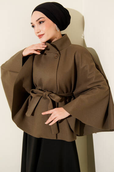 Kuşaklı Tek Düğmeli Panço Haki - Panço