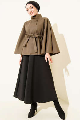 Kuşaklı Tek Düğmeli Panço Haki - Panço