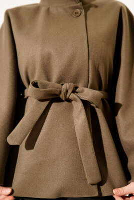 Kuşaklı Tek Düğmeli Panço Haki - Panço