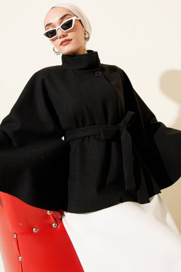 Kuşaklı Tek Düğmeli Panço Siyah - Panço