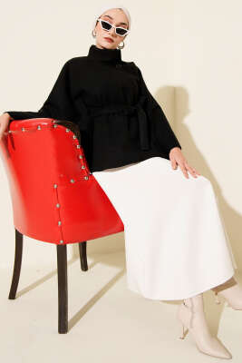 Kuşaklı Tek Düğmeli Panço Siyah - Panço