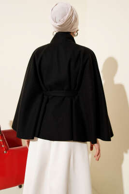 Kuşaklı Tek Düğmeli Panço Siyah - Panço