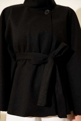 Kuşaklı Tek Düğmeli Panço Siyah - Panço