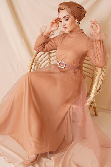 Kuşaklı Tül Elbise Latte - Elbise