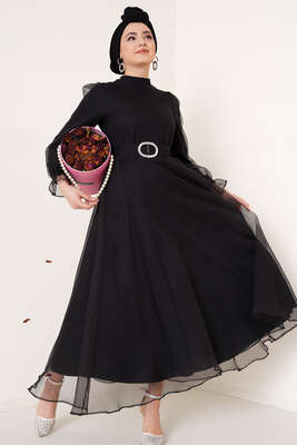 Kuşaklı Tül Elbise Siyah - Thumbnail