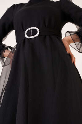 Kuşaklı Tül Elbise Siyah - Thumbnail