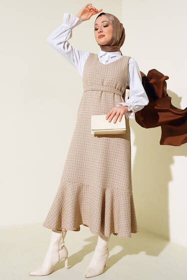 Kuşaklı Tüvit Jile Elbise Bej - Tesettür Elbise