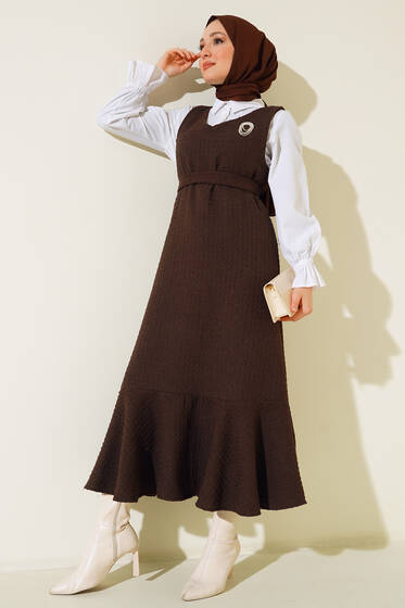 Kuşaklı Tüvit Jile Elbise Kahve - Tesettür Elbise