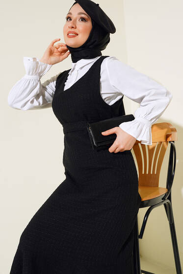 Kuşaklı Tüvit Jile Elbise Siyah - Tesettür Elbise