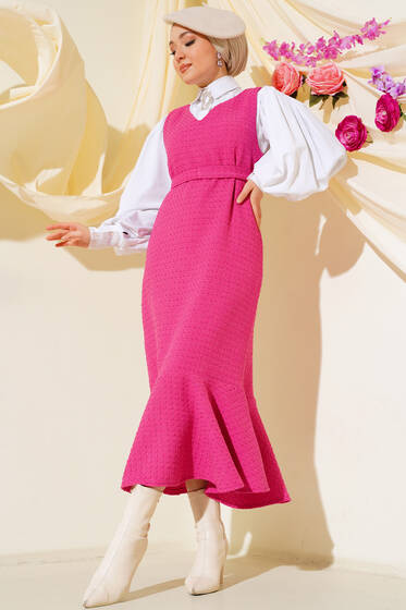 Kuşaklı Tüvit Jile Elbise Fuşya - Tesettür Elbise
