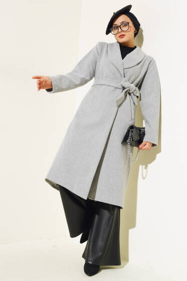 Kuşaklı Uzun Basic Kaşe Kaban Gri - Kaban