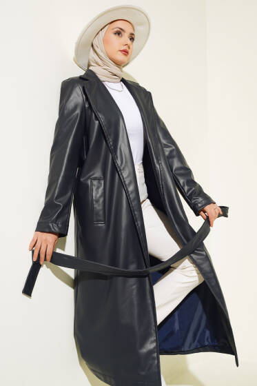 Kuşaklı Uzun Deri Trençkot Lacivert - Trençkot