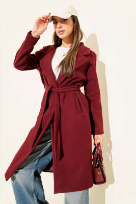Kuşaklı Uzun Kaşe Kaban Bordo - Kadın Giyim Modelleri