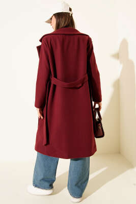 Kuşaklı Uzun Kaşe Kaban Bordo - Kadın Giyim Modelleri