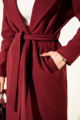 Kuşaklı Uzun Kaşe Kaban Bordo - Kadın Giyim Modelleri
