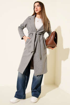 Kuşaklı Uzun Kaşe Kaban Gri - LUSTRİN