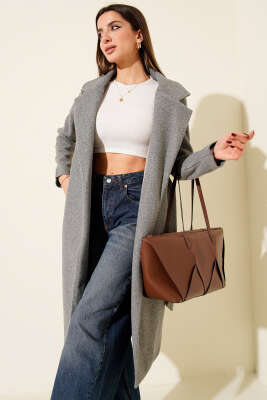 Kuşaklı Uzun Kaşe Kaban Gri - Kadın Giyim Modelleri