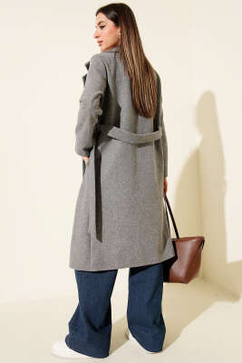 Kuşaklı Uzun Kaşe Kaban Gri - Kadın Giyim Modelleri