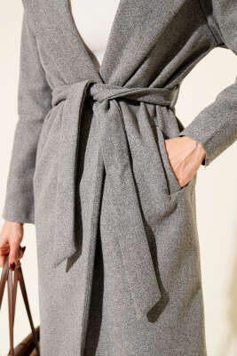 Kuşaklı Uzun Kaşe Kaban Gri - Kadın Giyim Modelleri