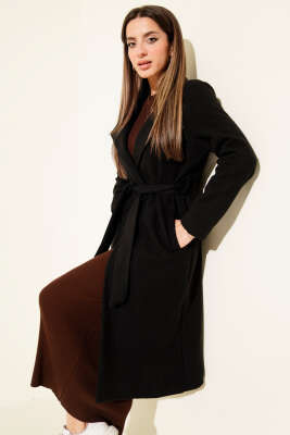 Kuşaklı Uzun Kaşe Kaban Siyah 